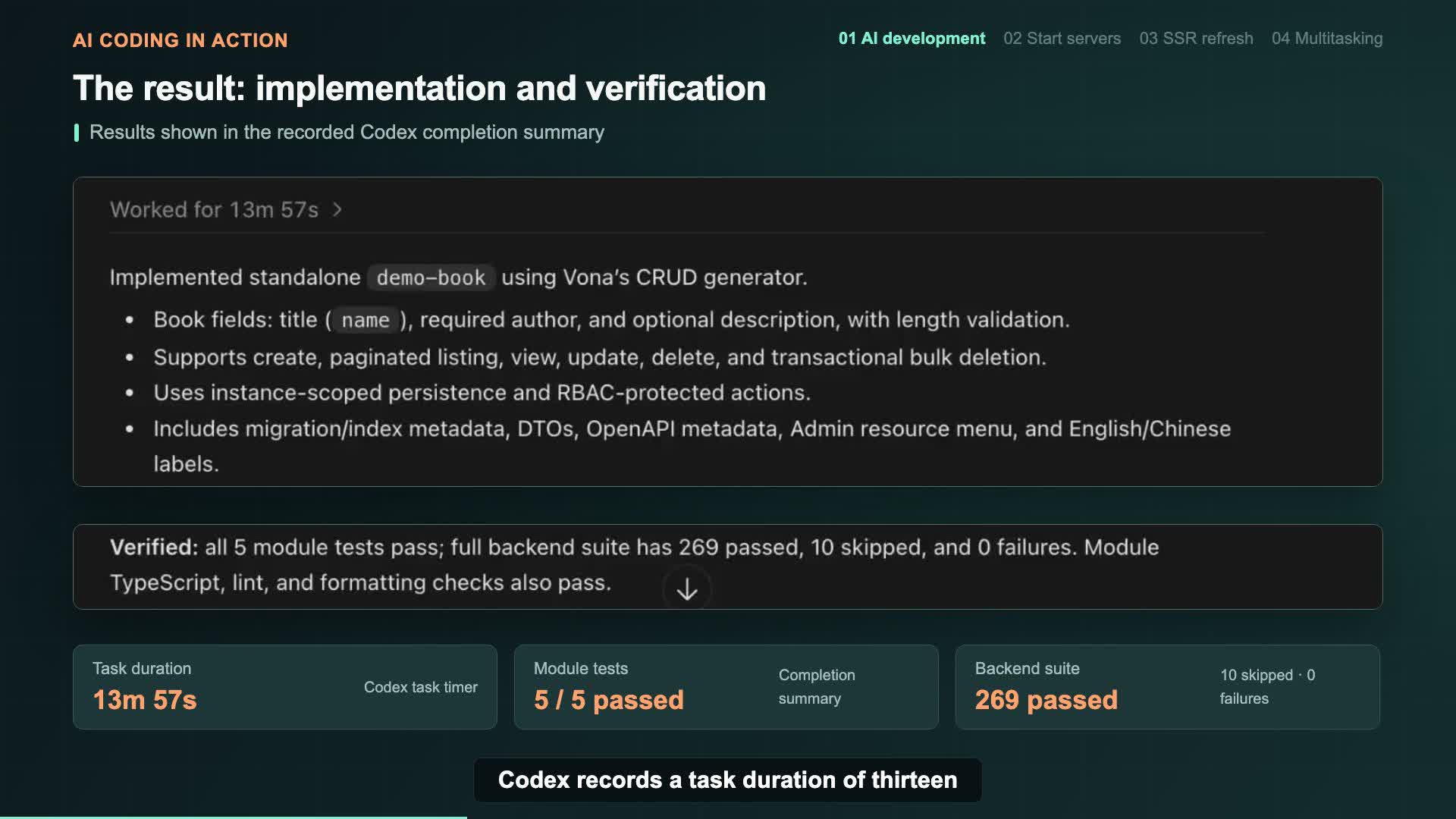 Codex's completion summary, including task duration, implemented capabilities, and test results